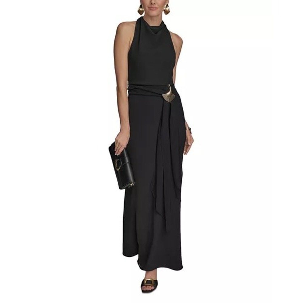 Donna Karan New York Black Cowl Neck Gown Gold Ginkgo Leaf Detail Size 6 NWT - Picture 3 of 15